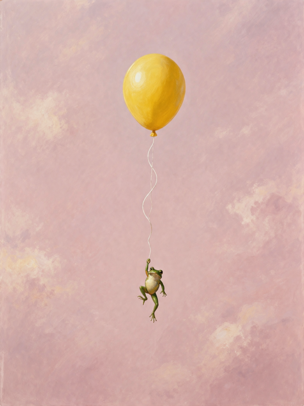 Piece No. 003: A frog holding onto a yellow balloon floating in a pink sky — oil painting style