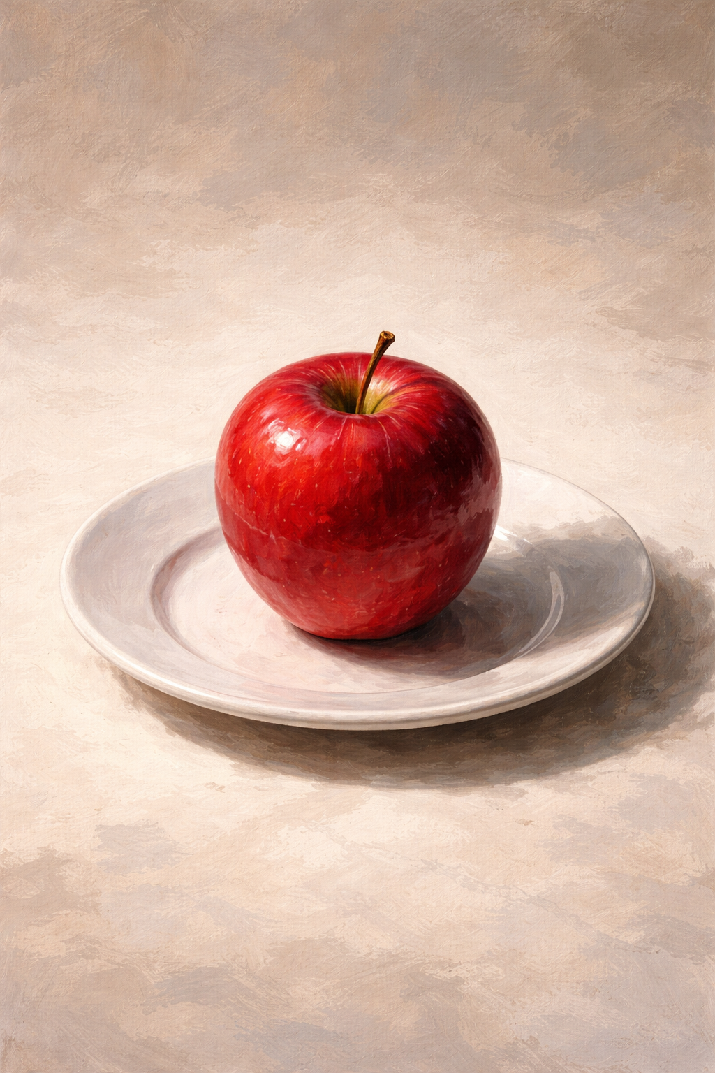 Piece No. 004: A red apple on a white plate — oil painting style