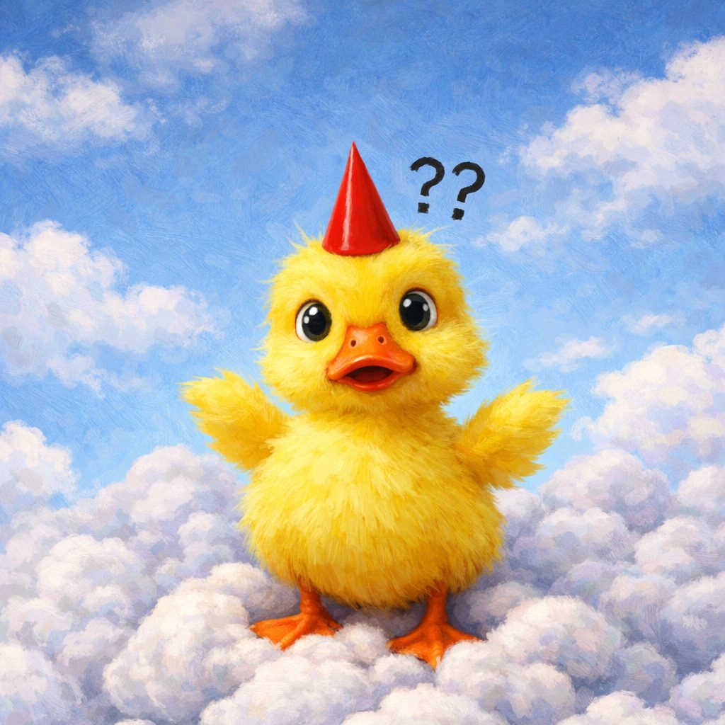 Piece No. 001: A confused yellow duck in a party hat standing on fluffy clouds — oil painting style